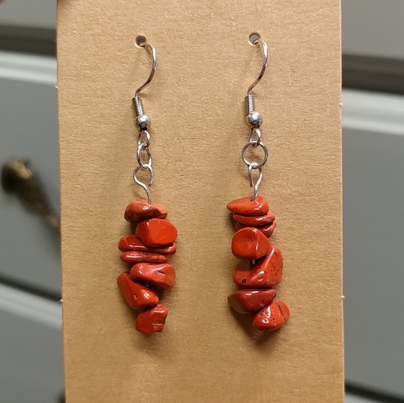 Red Jasper Earrings Natural Gemstone Chip Beaded Surgical Stainless-Steel Dangle - Picture 3 of 12